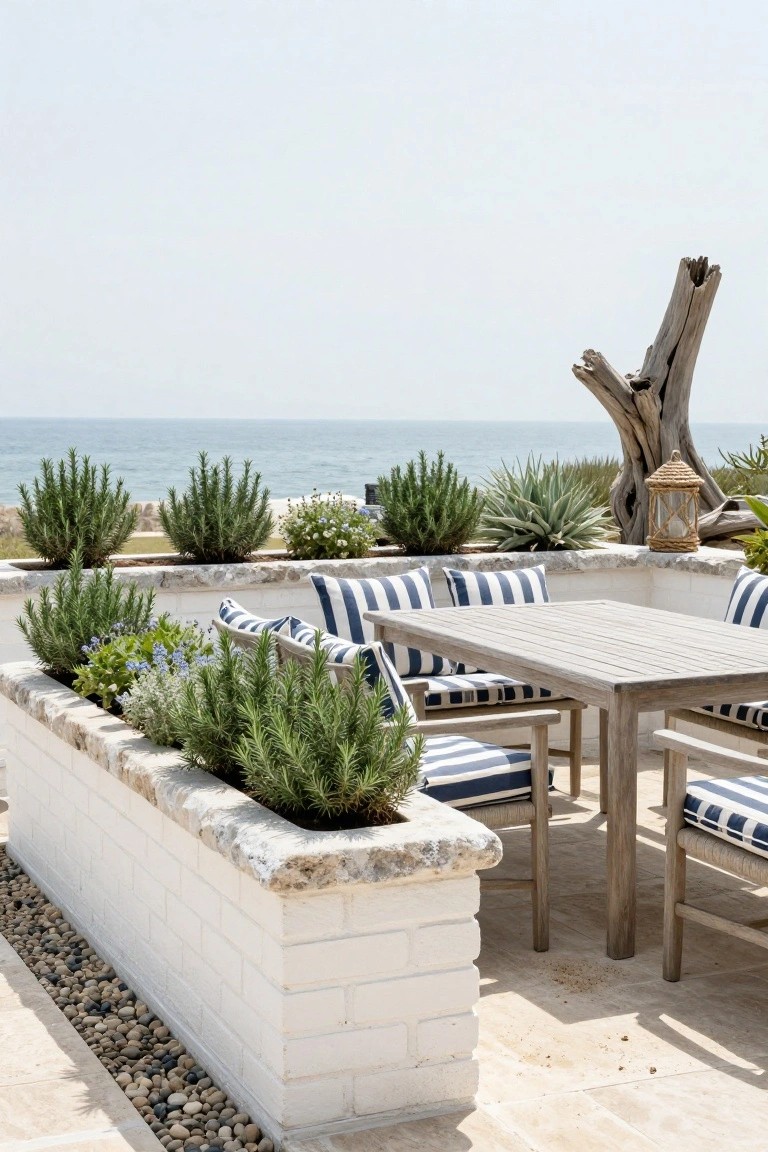 Outdoor terrace featuring a wooden dining table with blue-and-white striped cushions on chairs, bordered by raised white brick planters filled with rosemary and other plants, driftwood sculpture, lantern, and ocean view.