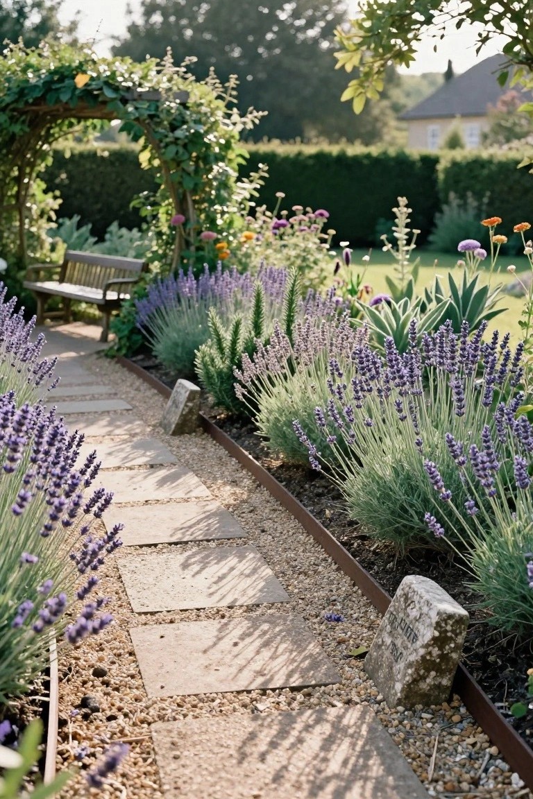 A gravel-filled stone pathway bordered by dense lavender plants and metal edging in a garden, with a wooden bench, arched trellis, and mixed plantings nearby.