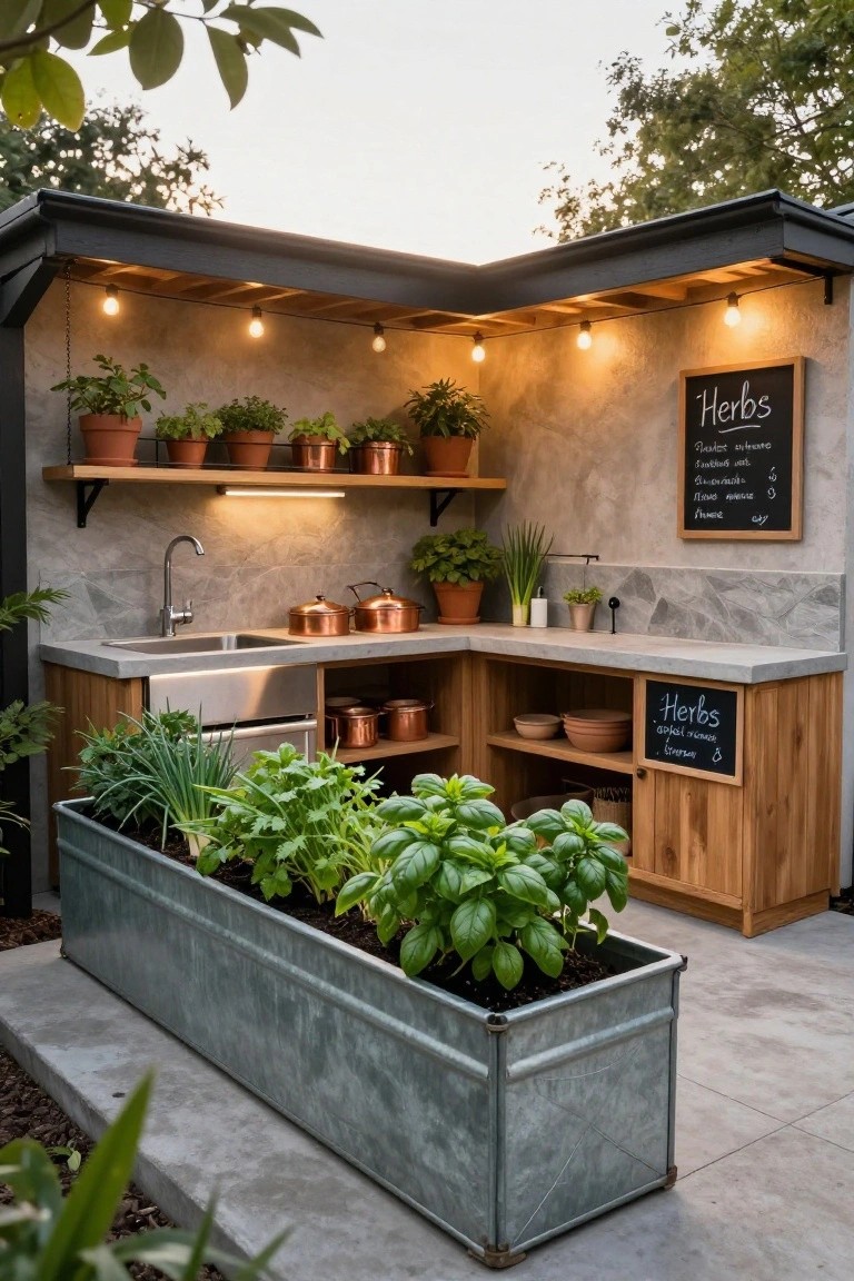 L-shaped outdoor kitchen under a covered wooden roof with concrete counters, stainless sink, wooden cabinets, shelves holding potted herbs, copper pots, and a large galvanized planter box along the front filled with basil and other green herbs.