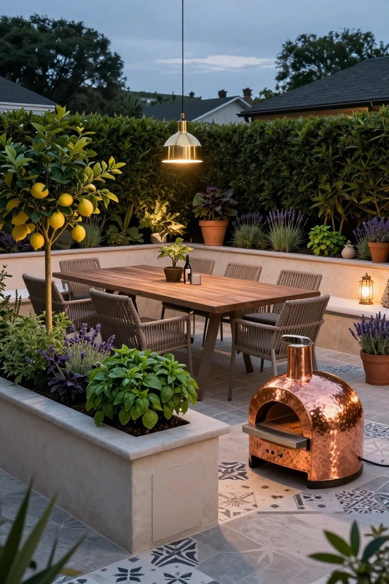 Outdoor patio at dusk with wooden dining table and rattan chairs, hammered copper pizza oven, raised stone planter box filled with herbs and greens, lemon tree, lavender pots, and wall lanterns.