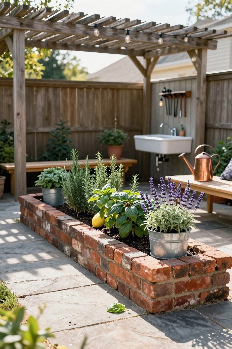 A rectangular raised brick bed on a paved patio filled with herbs including rosemary, basil, lavender, and a lemon plant in galvanized buckets, under a wooden pergola with string lights, next to benches and an outdoor sink.
