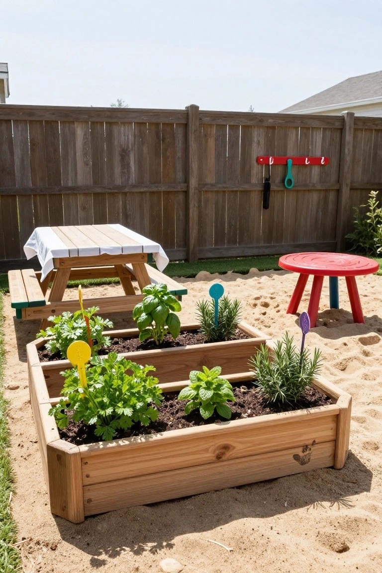 Wooden raised planters with herbs like basil, parsley, mint, and rosemary next to a picnic table, small red kids' table, and sand area in a fenced backyard.