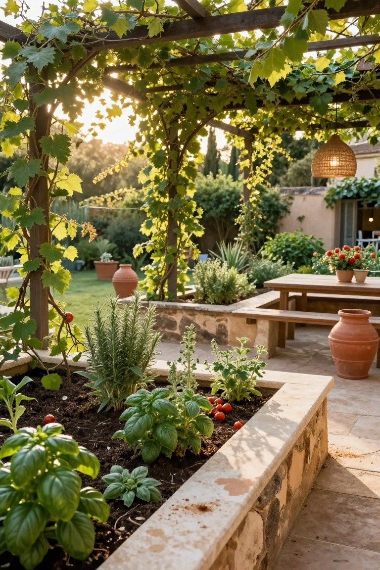 Raised stone bed filled with basil and tomato plants along a tiled patio edge under a vine-draped wooden pergola, with a wooden dining table, benches, and terracotta pots nearby.