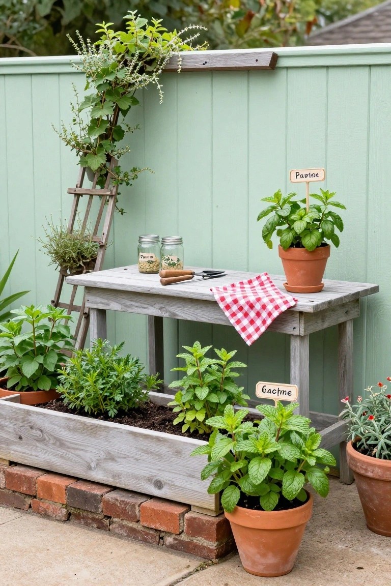 Wooden raised planter box filled with herbs next to terracotta pots of mint and basil, a ladder shelf with vines, and a table with jars against a light green fence on a brick patio.