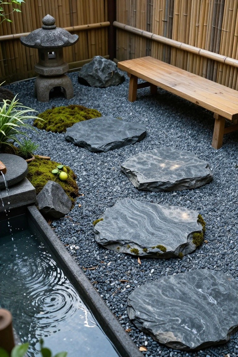Japanese-style garden featuring bamboo fencing, stone lantern, wooden bench, irregular dark slate stepping stones set in gravel, moss patches, rocks, small water feature, and sparse green plants.