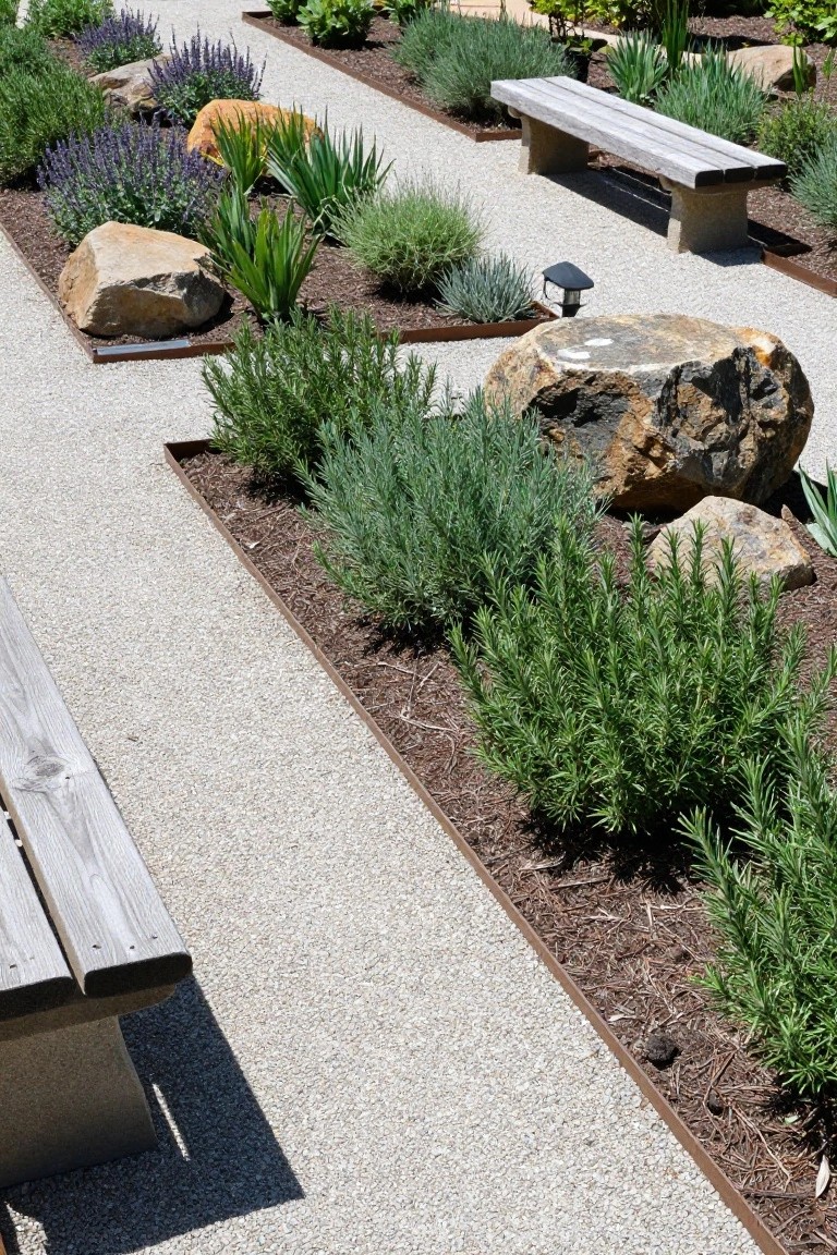 Gravel pathway edged with metal borders containing herb plants like rosemary and lavender, large boulders, a wooden bench, and solar lights in a landscaped garden.