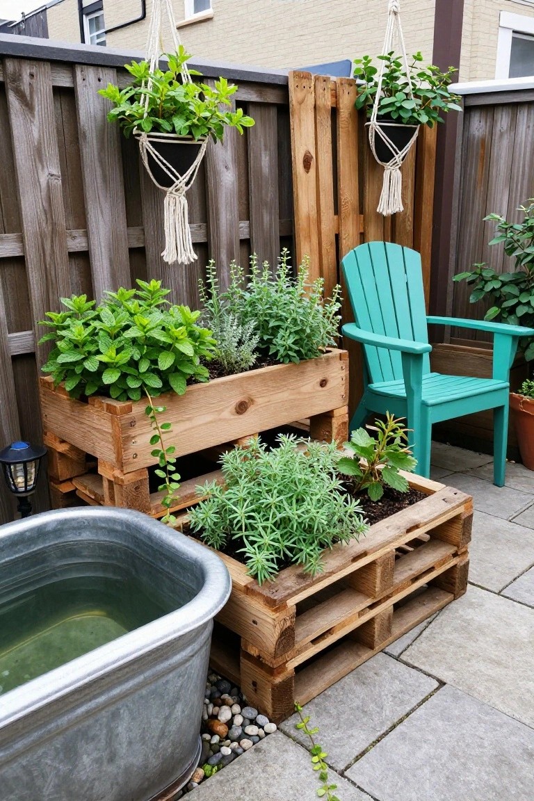 Backyard patio featuring stacked wooden pallet planters filled with herbs like mint and rosemary, a turquoise Adirondack chair, hanging plants on a fence, and a galvanized metal tub of water on pavers.