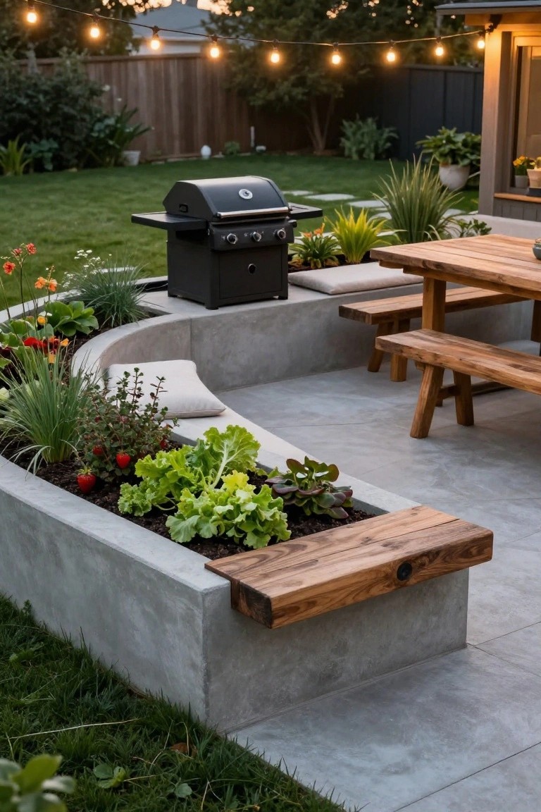 Curved concrete raised garden bed with lettuce, strawberries, and other plants along a paved patio edge, next to a wooden picnic table with benches, a black barbecue grill, string lights overhead, and grass lawn beyond.