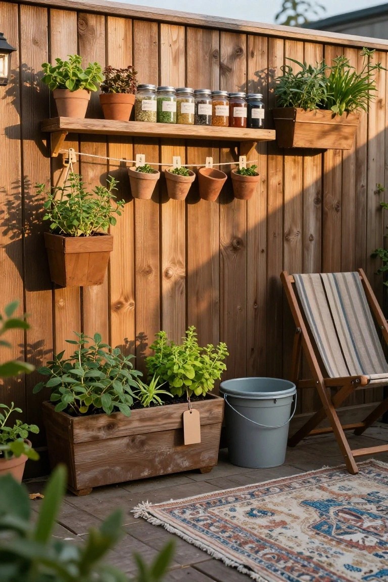 Wooden fence on a deck with shelves of potted herbs, jars of spices, hanging terracotta pots, a lounge chair, gray bucket, and patterned rug in the foreground.