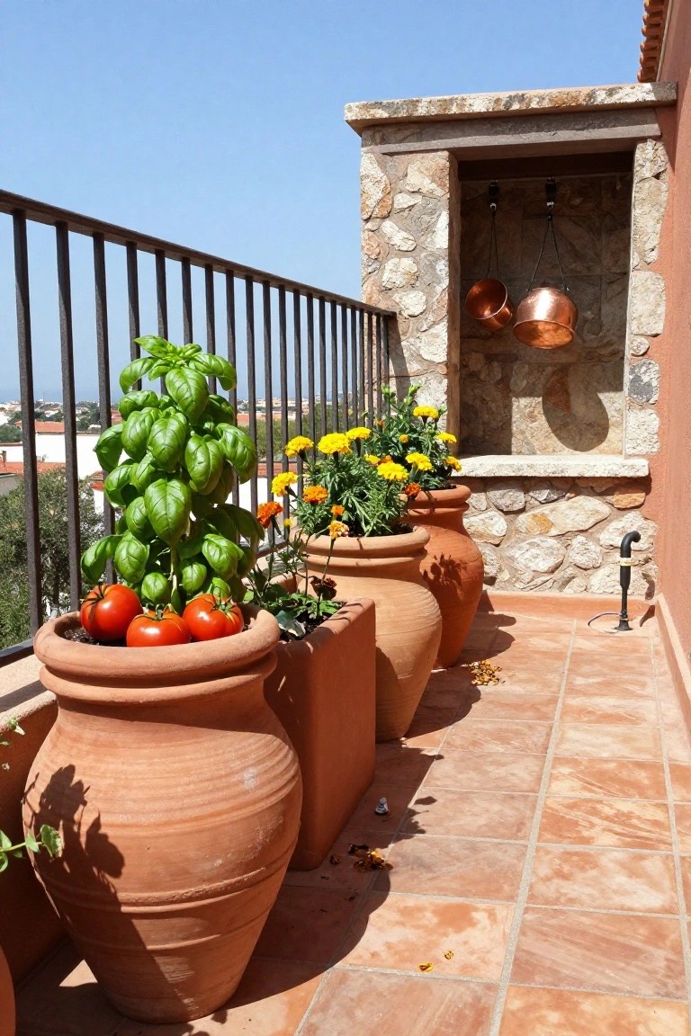 Balcony railing with large terracotta pots of tomatoes, basil, and marigolds, beside a stone wall niche holding hanging copper pots, on terracotta tiled floor.