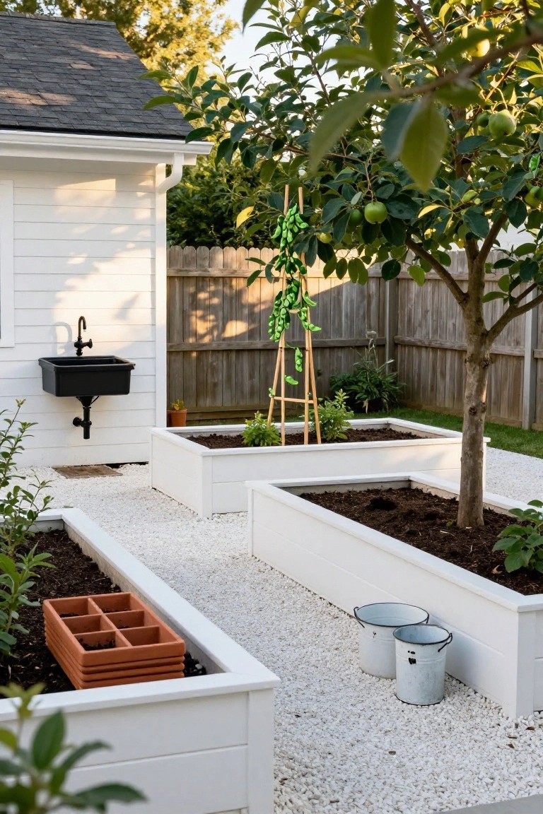 Backyard landscaping featuring several white wooden raised garden beds with soil and plants, gravel pathways, a young tree with green fruit, bean trellis, potted herbs, and a black plastic sink mounted on a white shed wall.