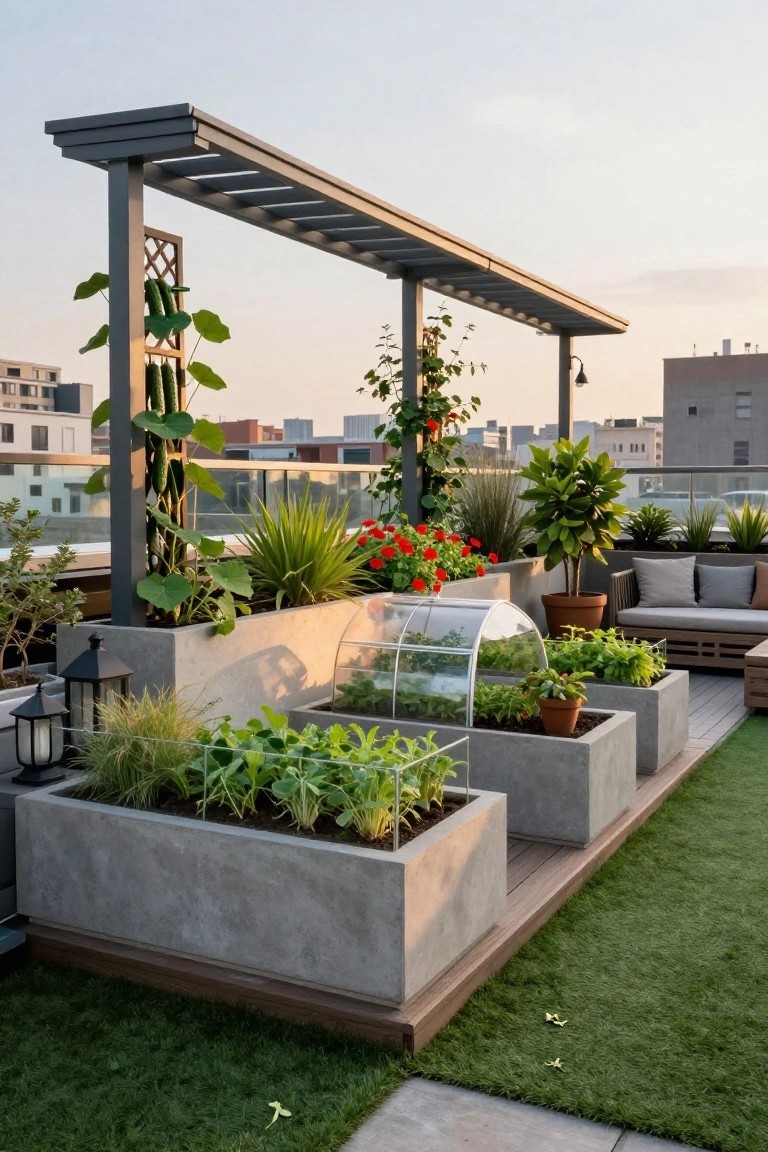 Rooftop terrace with gray concrete raised rectangular planters filled with vegetables including climbing cucumbers and greens, a small transparent greenhouse structure, metal pergola with lattice, potted plants, cushioned outdoor seating, lanterns, and artificial grass.