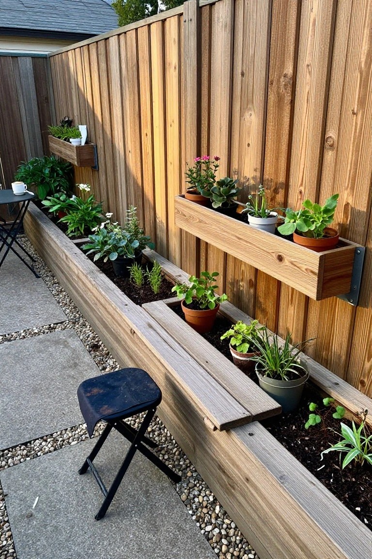 Wooden raised garden beds and wall-mounted planters along a backyard privacy fence, filled with herbs, vegetables, succulents, and flowering plants, with a gravel path, paver patio, small table, and stool nearby.