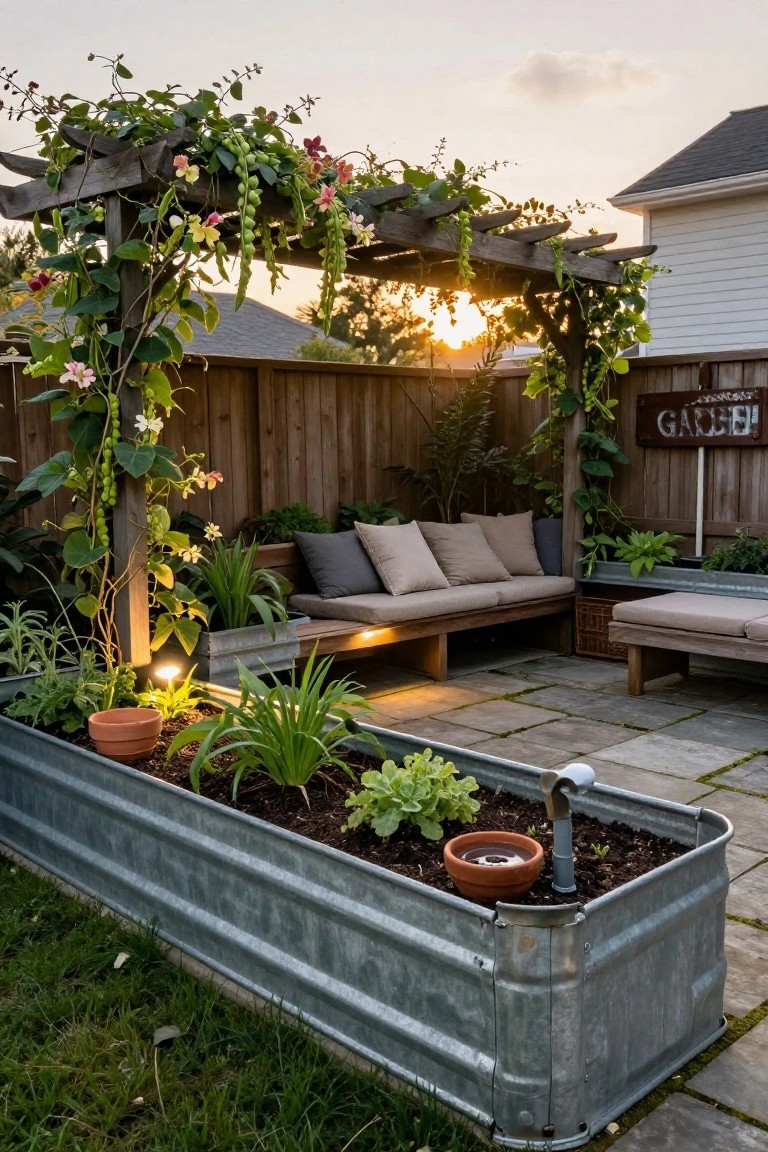 Backyard patio with wooden pergola covered in green vines and pink flowers, wooden bench with cushions, adjacent lounge seating, and large galvanized metal trough raised bed containing soil, vegetable plants, and a small watering faucet on gray pavers.