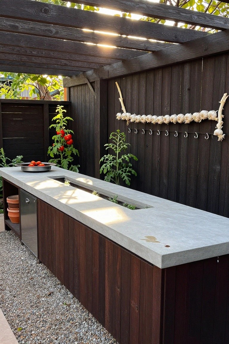 Wooden outdoor kitchen island with light gray concrete countertop containing a linear planter trough with green plants, stainless steel drawer unit, terracotta pots, bowl of tomatoes on top, tomato plants nearby, and garlic strands hanging on dark wood fence under pergola.