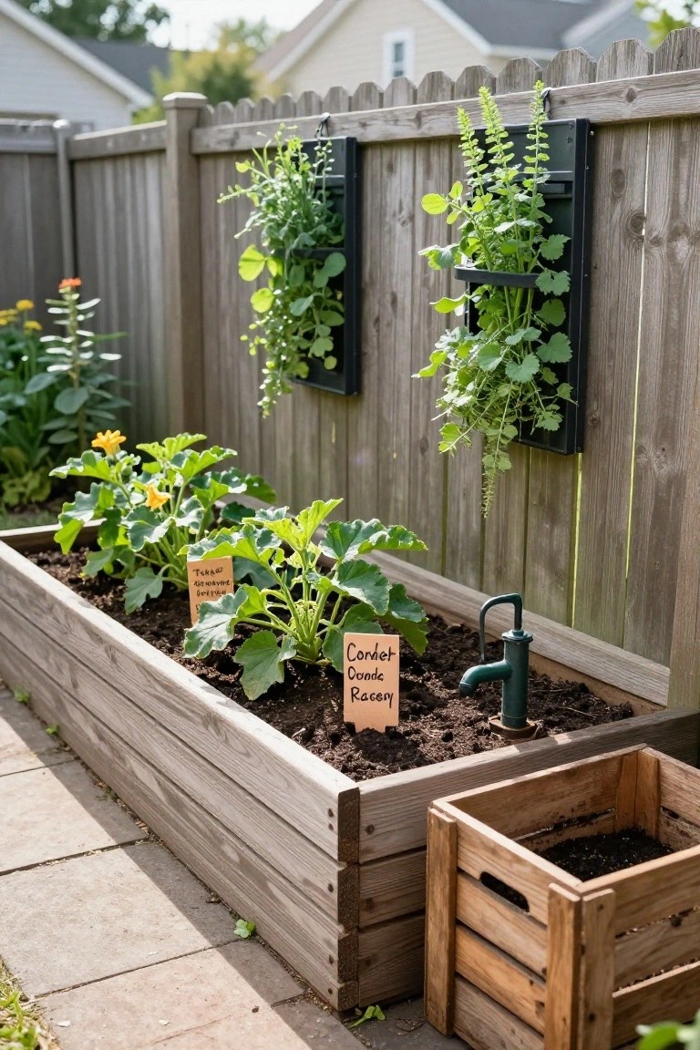 Wooden raised garden bed against a fence filled with pumpkin and squash plants with labels, vertical black planters on the fence holding green plants, a green hand pump faucet in the soil, and an empty wooden crate nearby.
