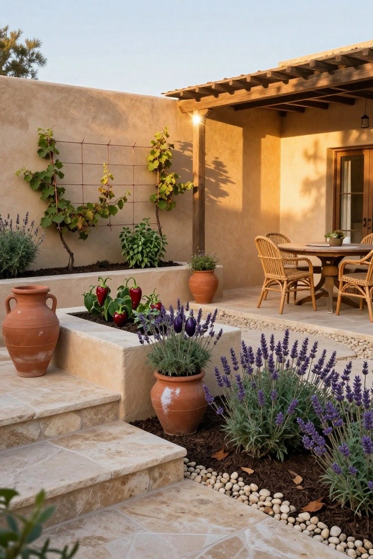 Outdoor patio area with beige stone walls, raised stone planters filled with red peppers, lavender, and herbs, terracotta pots, grapevine trellis, wicker dining table and chairs on tiled steps surrounded by gravel and mulch.