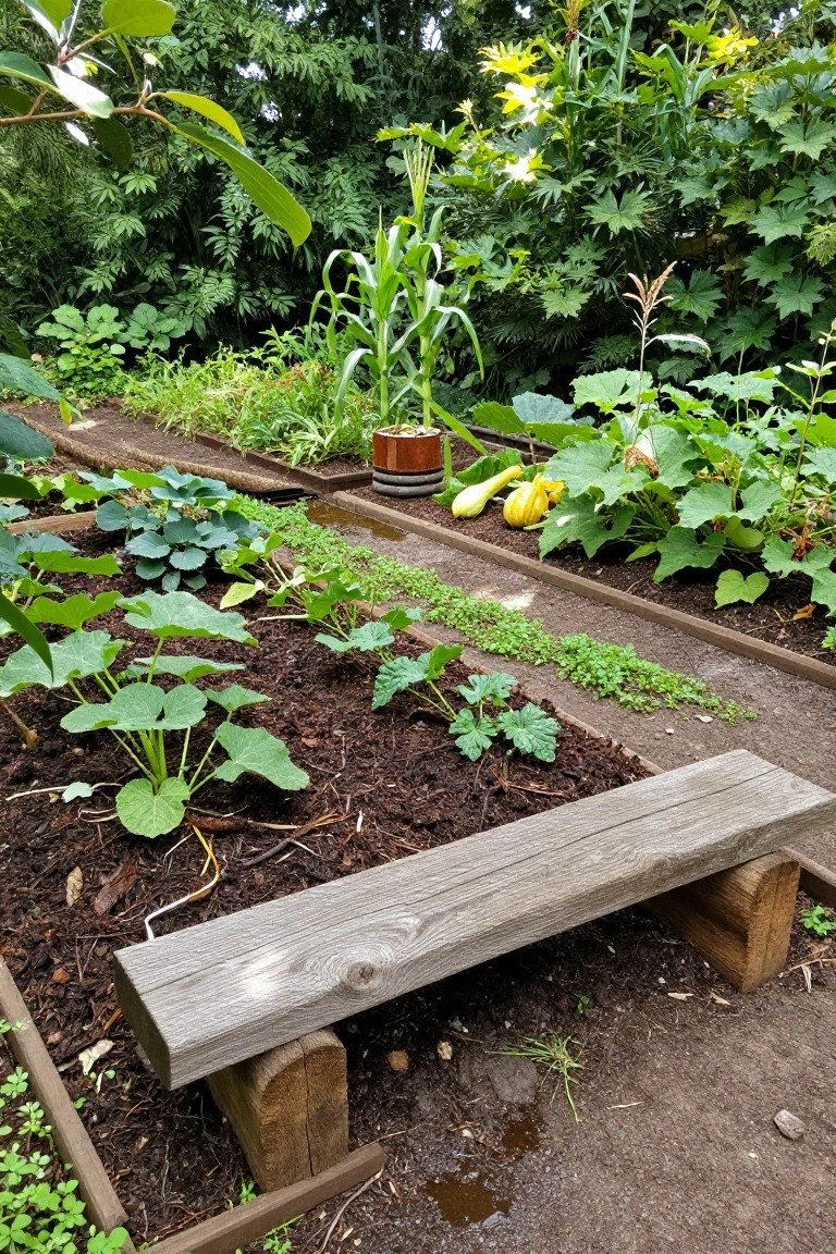 Wooden raised garden beds filled with vegetable plants like squash, pumpkins, corn, and greens, with a rustic wooden bench along one bed's edge, dirt paths, and surrounding foliage.
