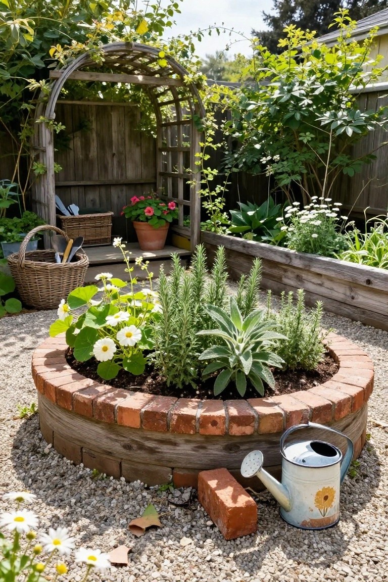 Circular raised garden bed edged with bricks and planted with herbs like rosemary and salvia plus white flowers, positioned on gravel ground next to a watering can, with wooden raised beds, fence, and vine-covered arbor in the background.