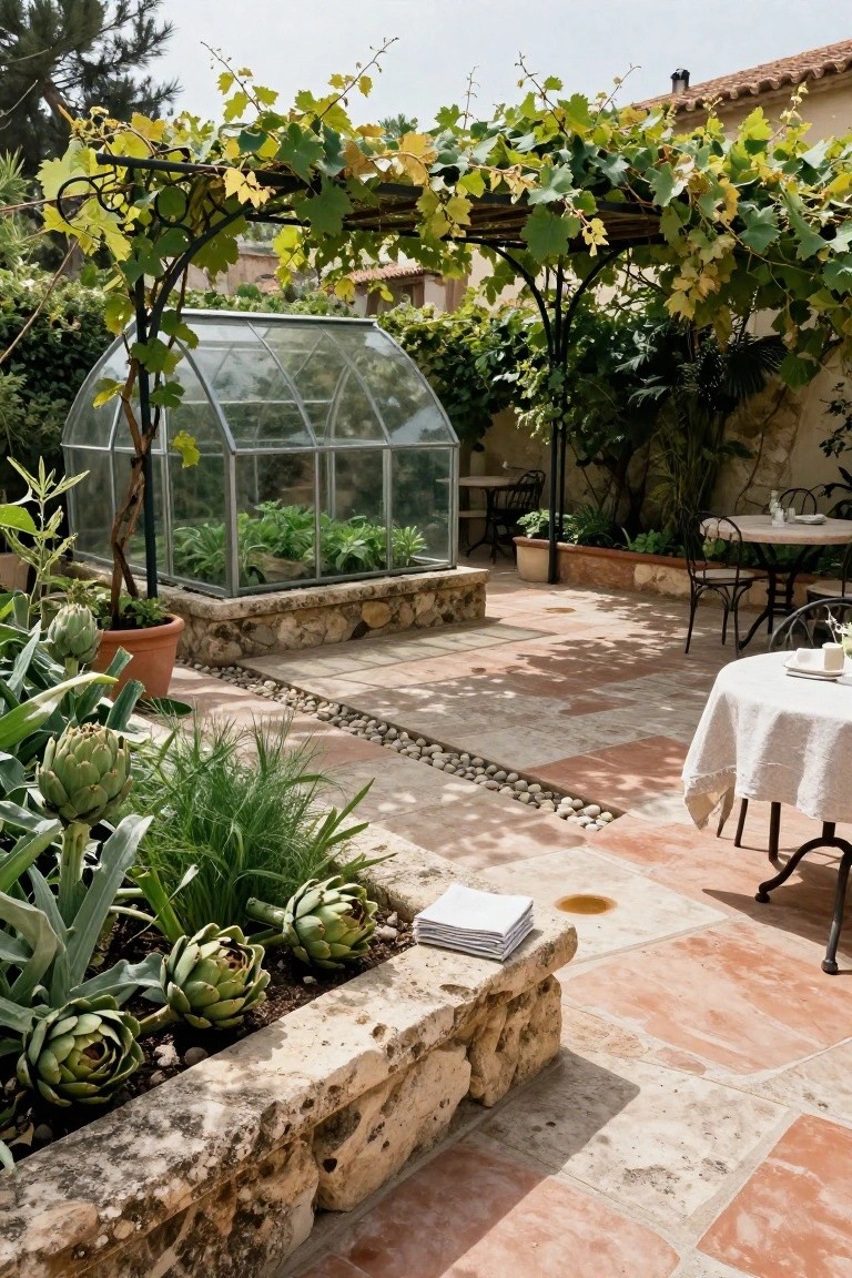 Backyard patio with curved glass greenhouse on stone base, stone raised beds planted with artichokes and greens, grapevine-covered metal arbor overhead, and cafe tables with chairs on terracotta tiles.