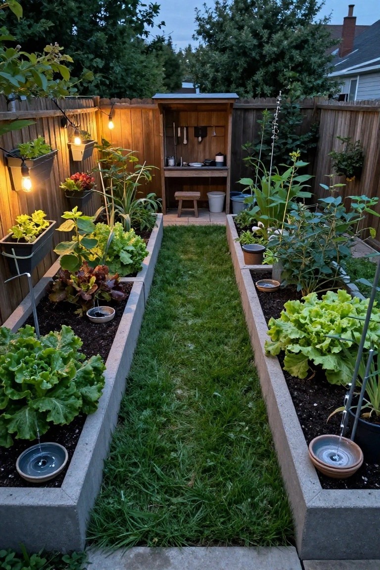 Backyard vegetable garden with symmetrical tall concrete raised beds filled with lettuce, greens, and other plants flanking a central grass path, a wooden potting shed at one end, string lights on the fence, and potted plants nearby.