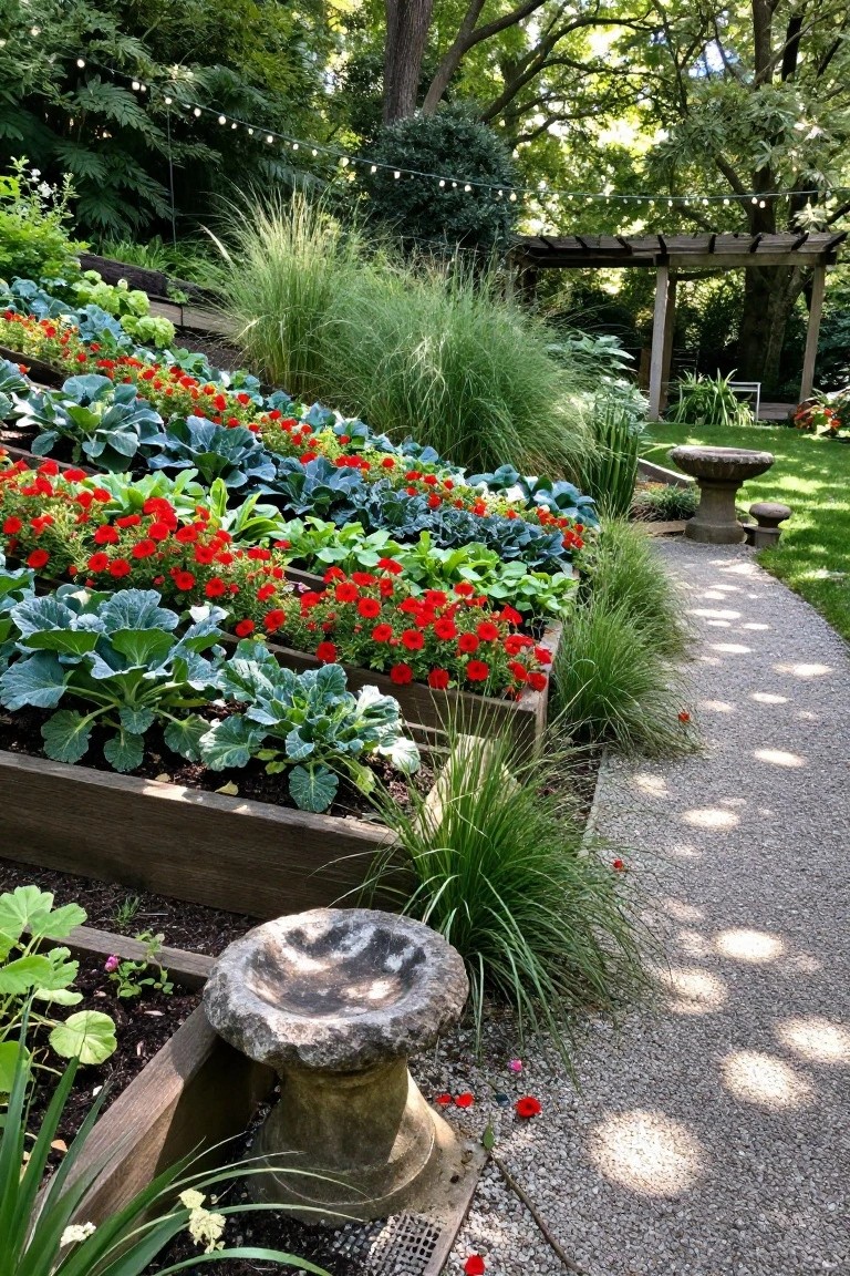 Tiered wooden raised garden beds on a slope filled with red geraniums, leafy green vegetables, and bordered by ornamental grasses next to a gravel path, birdbath, and pergola in a backyard.