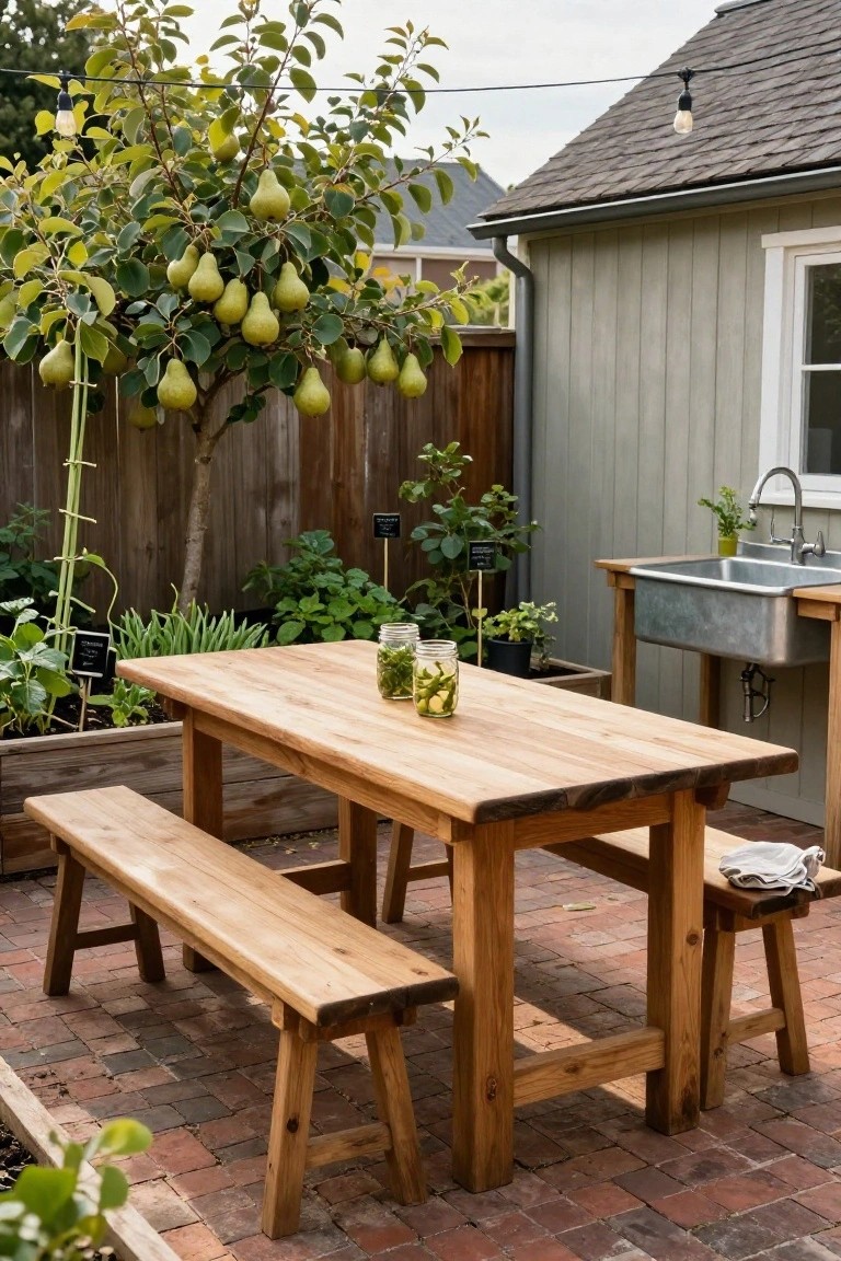 Wooden picnic table and benches on a brick patio surrounded by raised garden beds with vegetables and herbs, a pear tree, and an outdoor sink next to a shed.