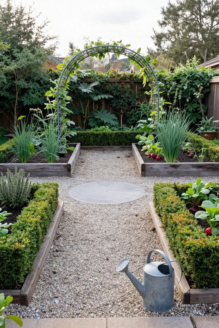 Backyard vegetable garden with symmetrical raised wooden beds filled with plants like beets and greens, edged by boxwood hedges, a central gravel path leading under a vine-covered metal arch trellis, and a watering can on the path.