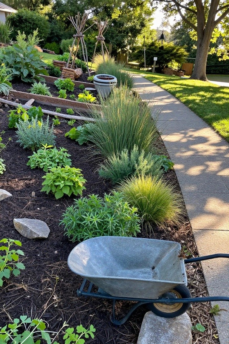 Sloped backyard garden with terraced raised wooden beds containing herbs and vegetables, surrounded by ornamental grasses, mulch, rocks, and a wheelbarrow next to a concrete sidewalk path.