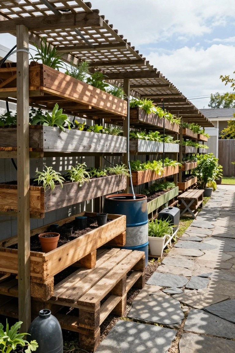 A backyard garden with multiple levels of wooden raised beds filled with vegetables, positioned under a wooden pergola beside a stone pathway.