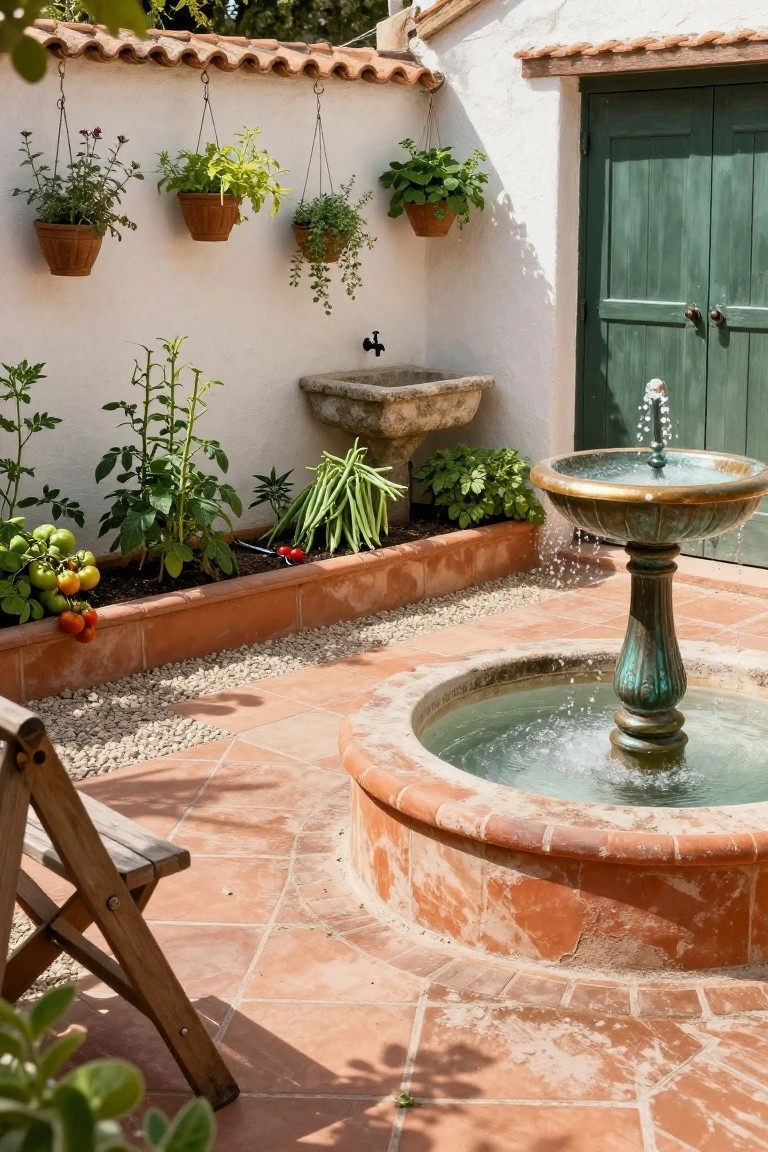 A terracotta-tiled courtyard with white stucco walls, raised brick planters along the wall growing tomatoes, beans, and greens, hanging terracotta pots with herbs, a central bronze fountain with water flowing, gravel patches, a green door, and a wooden folding chair.