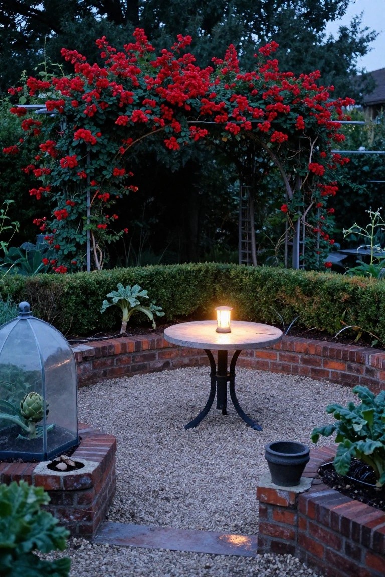 Small round gravel patio edged in brick with a metal table, lantern, and surrounding vegetable plants including artichoke under a cloche, boxwood hedges, and red-flowering archway in a backyard garden at dusk.