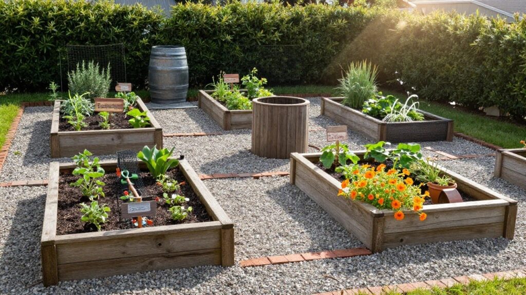 19 Gorgeous Vegetable Garden Layout Ideas For A More Organized Harvest Backyard vegetable garden with multiple wooden raised beds in a grid layout, planted with herbs, vegetables, nasturtiums, and other plants, featuring gravel and brick pathways, a rain barrel, potted plants, and drip irrigation lines.