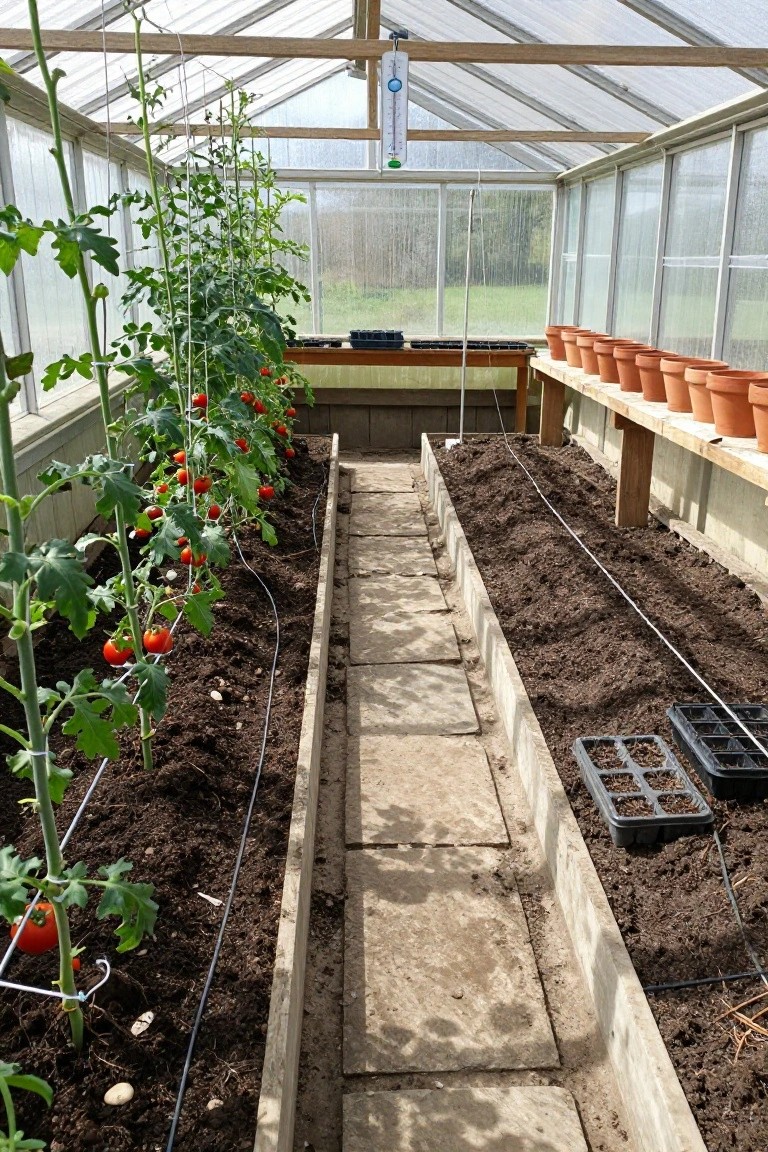 A greenhouse interior with tall tomato plants growing vertically in wooden raised beds flanking a central stone pathway, drip irrigation lines along the soil, pots on shelves, and seedling trays nearby.