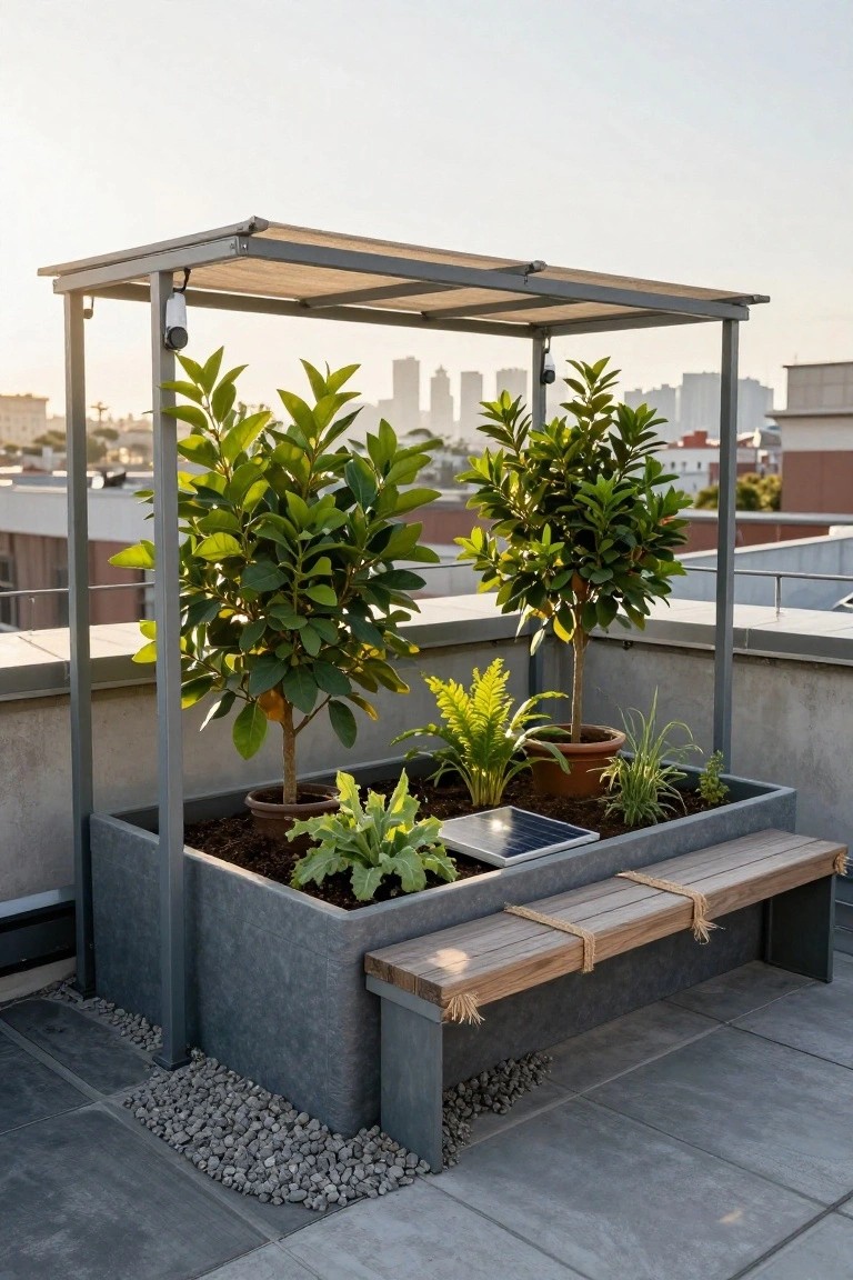 Rooftop terrace with a long gray raised planter box integrated with a wooden bench, containing various plants and pots under a metal pergola structure, city buildings in background.