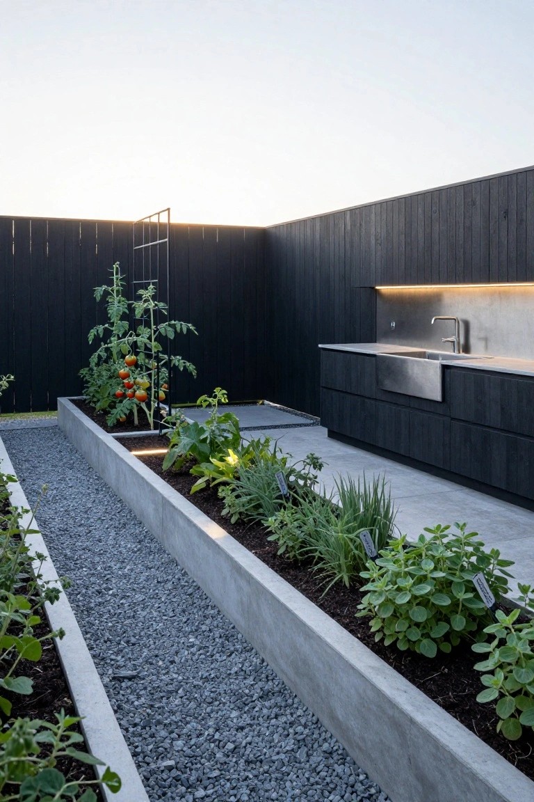 Linear concrete raised garden beds filled with vegetables like tomatoes on a trellis and herbs, separated by a gravel path, next to a black outdoor kitchen with sink and cabinets against a dark wooden fence.