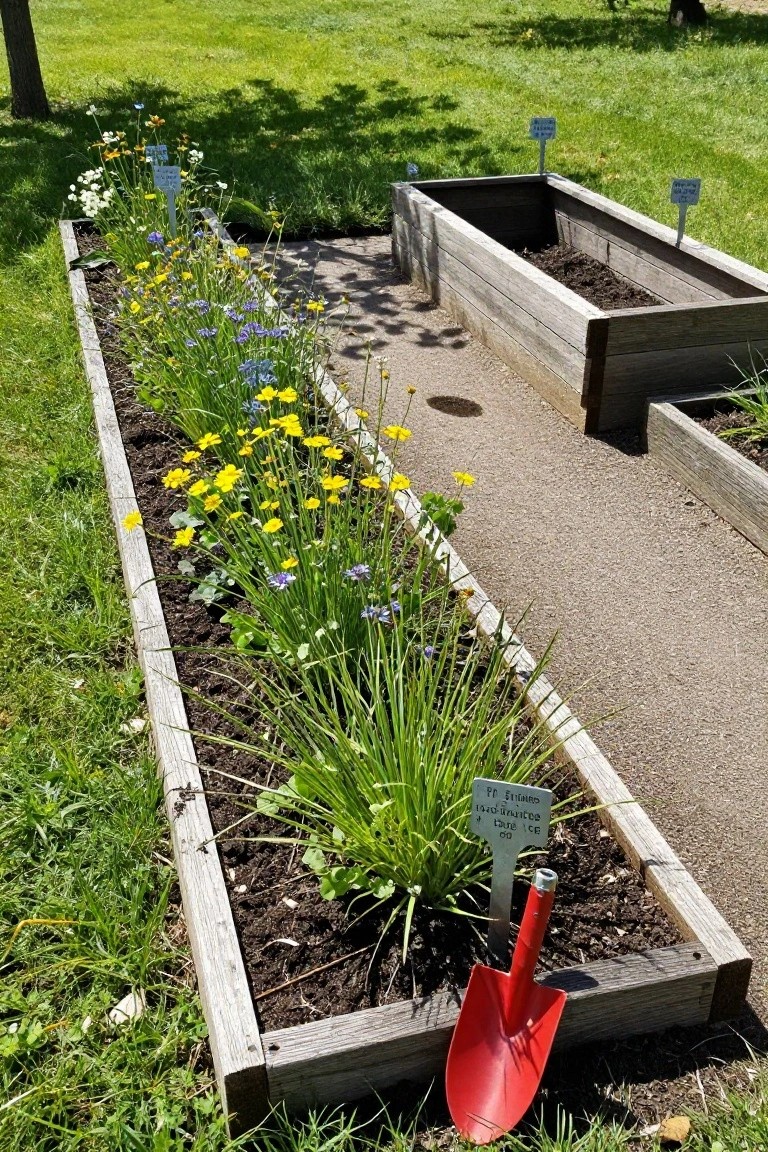 Two long wooden raised garden beds filled with assorted flowers, grasses, and vegetables like leeks along a gravel path, with plant labels and a red shovel leaning nearby.