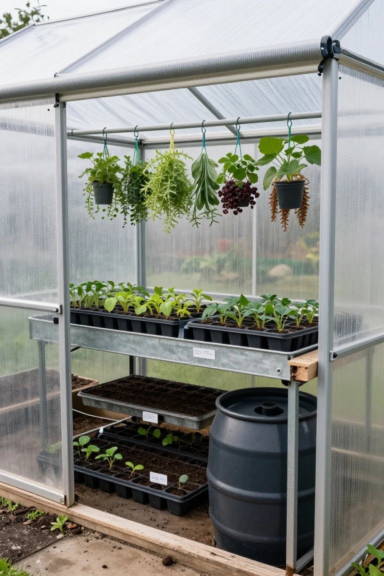 A small metal-framed greenhouse with multi-level galvanized metal shelves holding black seedling trays, hanging potted plants including grapes and ferns, and a black plastic water barrel on a concrete base.