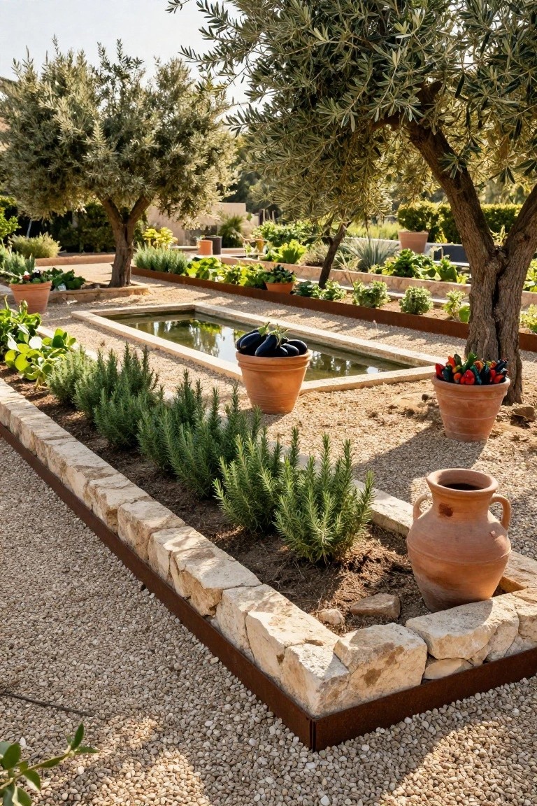 A formal vegetable garden with raised stone beds planted in rosemary, gravel paths, a central rectangular water basin containing eggplants, terracotta pots with peppers and eggplants, and mature olive trees in the background.