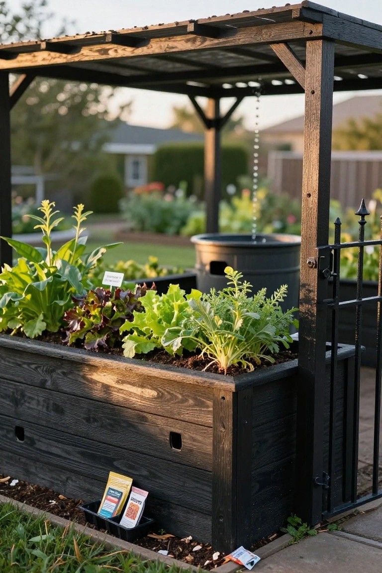 Wooden raised garden bed planted with various leafy greens and vegetables under a black pergola with a metal gate, water barrel, and seed packets on the ground nearby.