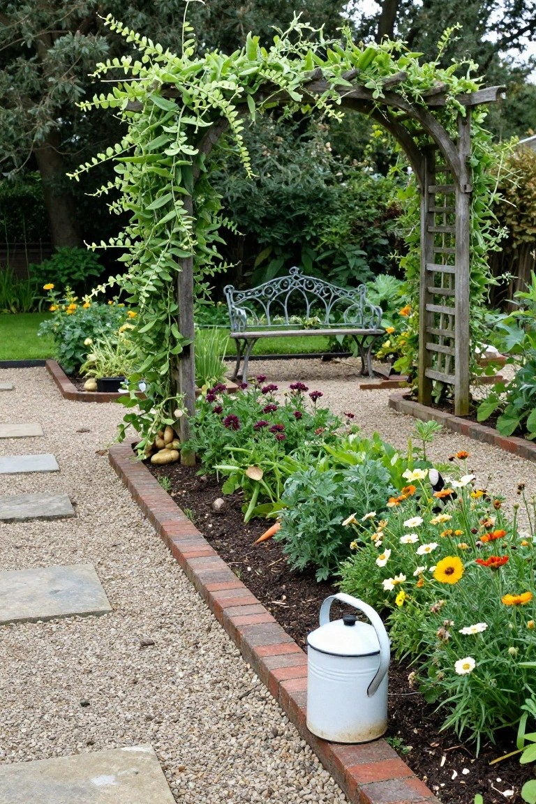 Vegetable garden with multiple raised brick-edged beds containing potatoes, carrots, beans, flowers, and greens along a gravel path with stone pavers, a vine-covered wooden archway with bench, and a metal watering can nearby.