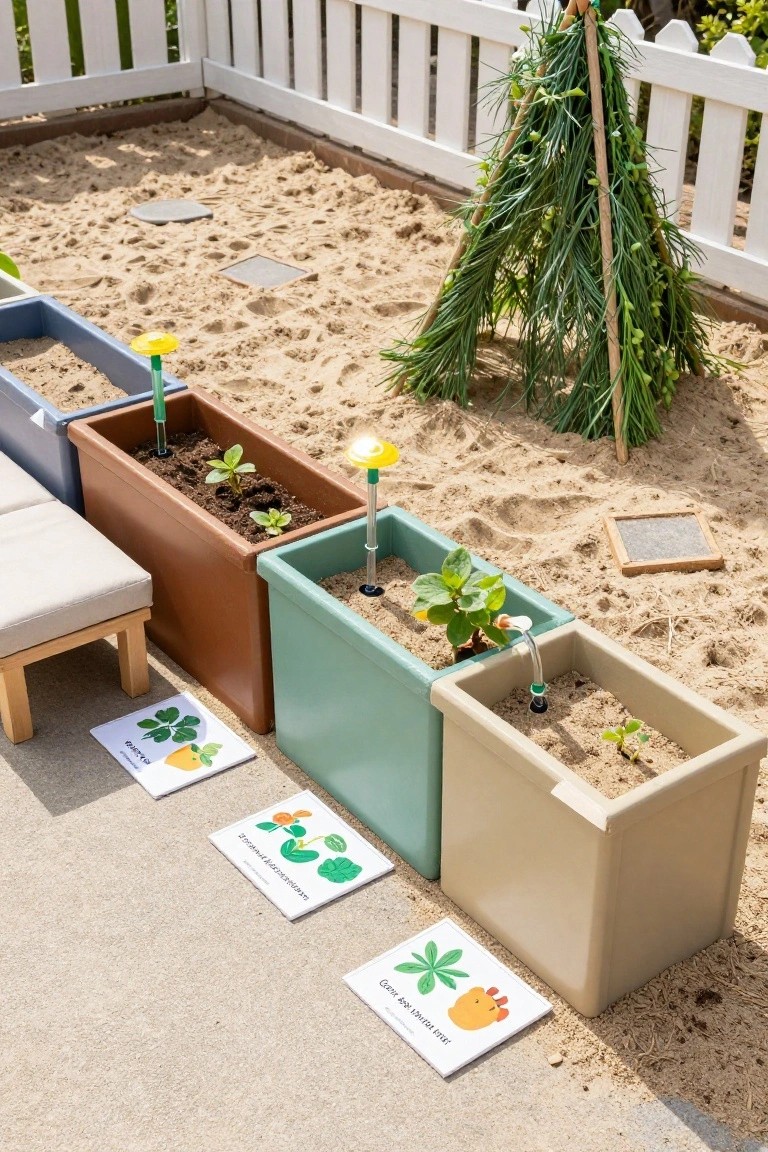 Sandbox area with four colorful raised planters containing young vegetable seedlings, drip irrigation tubes, labeled plant cards on the ground, a central teepee structure of green plants, a wooden bench, and white picket fence enclosure.