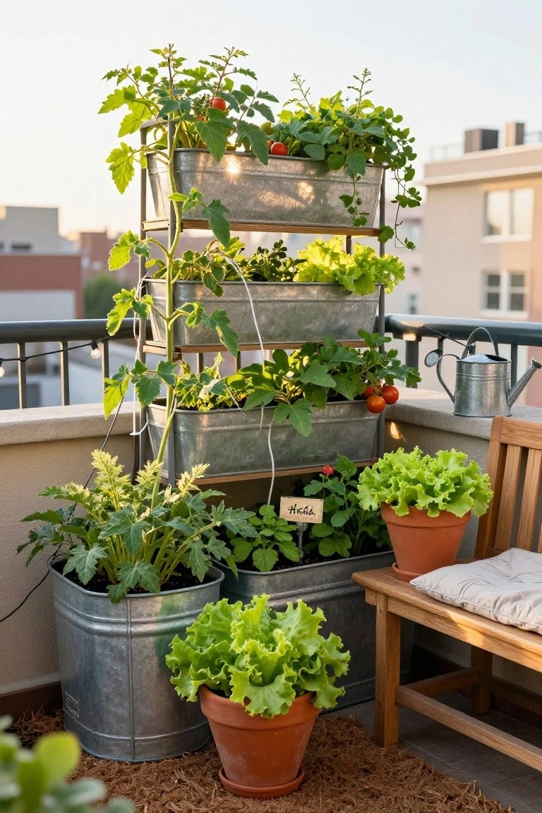 Multi-tiered galvanized metal bucket planter on a balcony filled with tomato plants, lettuce, and other greens, surrounded by additional potted plants, a wooden bench with cushions, and a metal watering can.