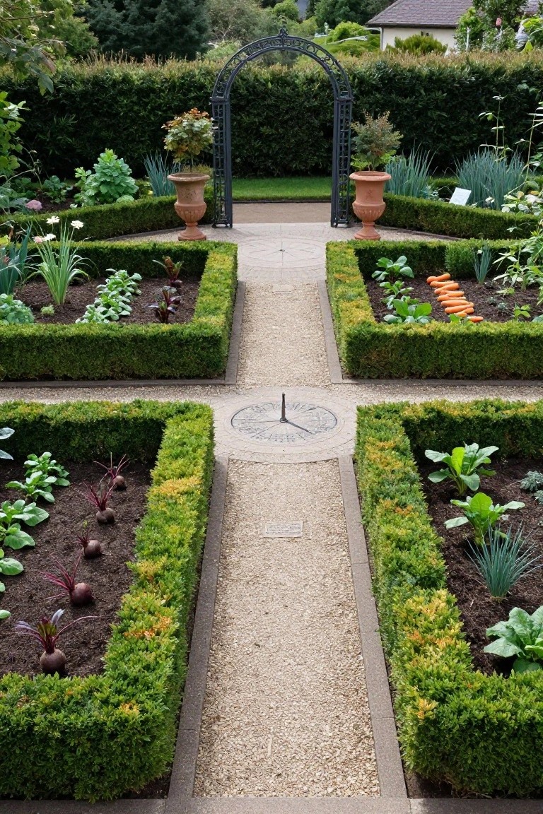 Symmetrical vegetable garden with four raised beds edged by low boxwood hedges, gravel paths crossing at a central sundial, growing beets, carrots, leafy greens, and other vegetables, framed by taller hedges and an arched black metal gate.
