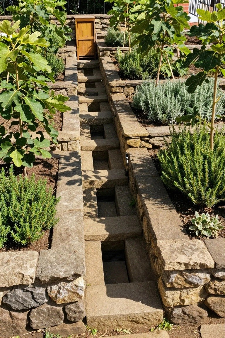 Terraced raised garden beds made of stone walls with a central descending staircase, filled with herbs, lavender, rosemary bushes, and fig trees on either side.