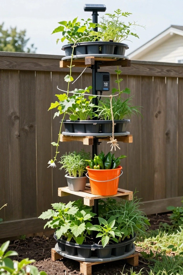 Tall vertical tiered planter with black pots holding vegetables and herbs arranged on wooden shelves around a central black pole, topped with a solar panel and fan unit, positioned in a backyard next to a wooden fence.