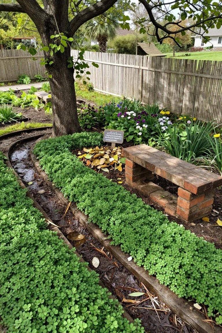 Curved garden beds edged with green clover-like plants and a narrow water channel running through them, featuring a central brick bench under a tree, surrounded by flowers and distant vegetable plots.