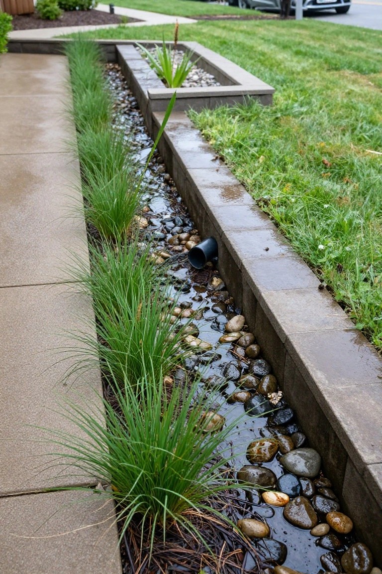 Narrow linear planting bed along a concrete sidewalk, containing ornamental grasses, assorted river rocks, and shallow running water, bordered by concrete blocks next to a grassy lawn.