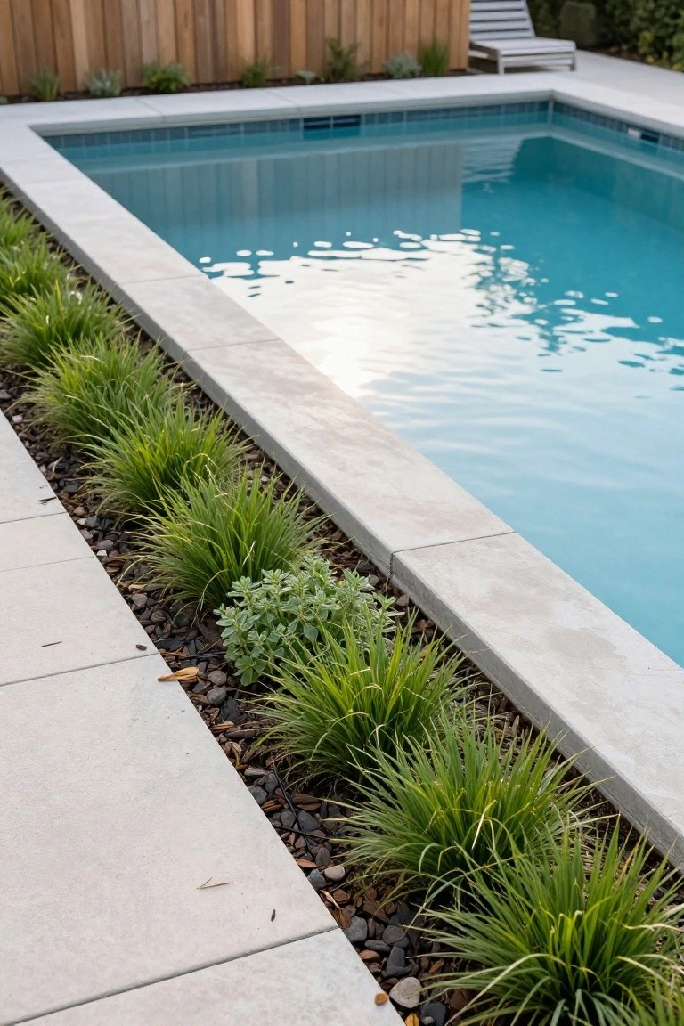 Pool with turquoise water and white concrete coping edged by narrow planting beds of green grasses and dark pebbles, concrete path nearby, wooden fence and chaise lounge in background.