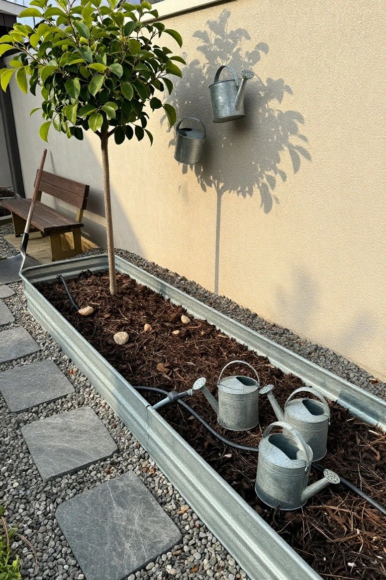 Galvanized metal trough used as a long raised garden bed against a beige exterior wall, filled with dark mulch, small rocks, and a potted tree, with drip irrigation lines, three small watering cans inside the bed, hanging watering cans on the wall, a wooden bench nearby, and a gravel stone path.
